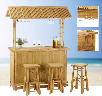 Commercial Outdoor Bamboo Tiki Bar Kits con tetto e portabottiglie Bere, sedie in bambù con supporto dorsale