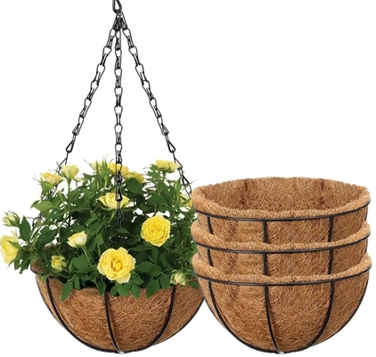 Cesto appeso in metallo con rivestimento di cocco di cocco Cesto appeso a fiori con catena Piante all'aperto Indoor Flower Pot